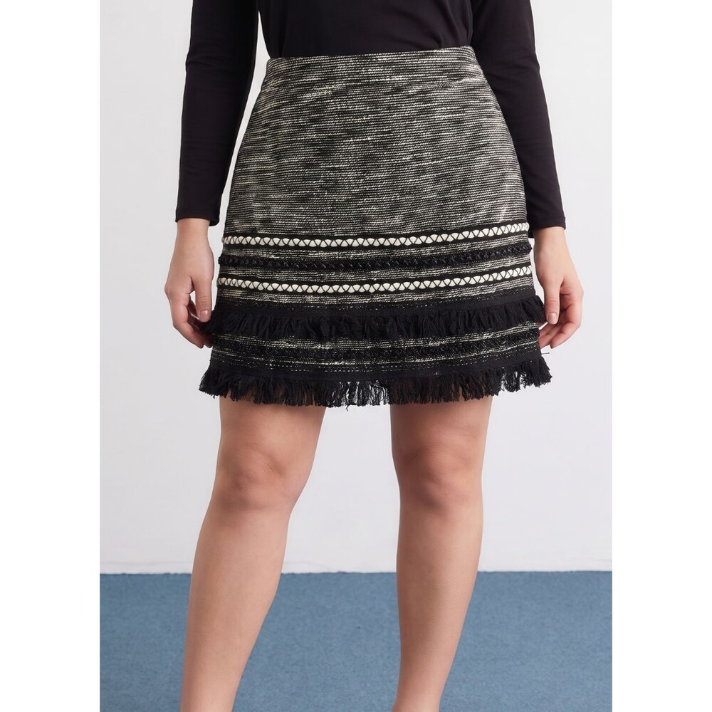 H&M Black Cream Textured Fringe Mini Skirt Boho Statement Size 4